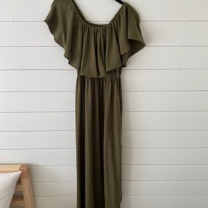 Olive off shoulder ruffle top maxi dress